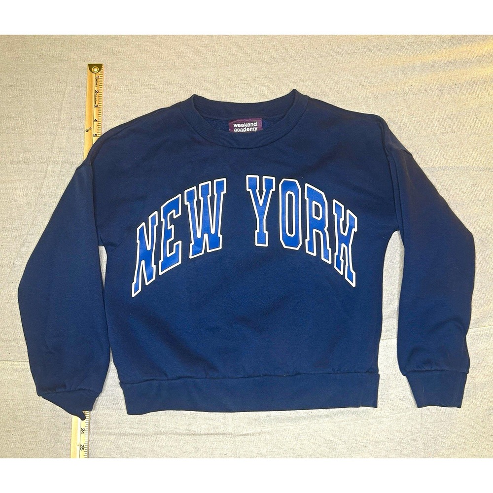 Weekend Academy Sweatshirt Mens L Blue Like New NYC Graphic Pullover Crew Neck